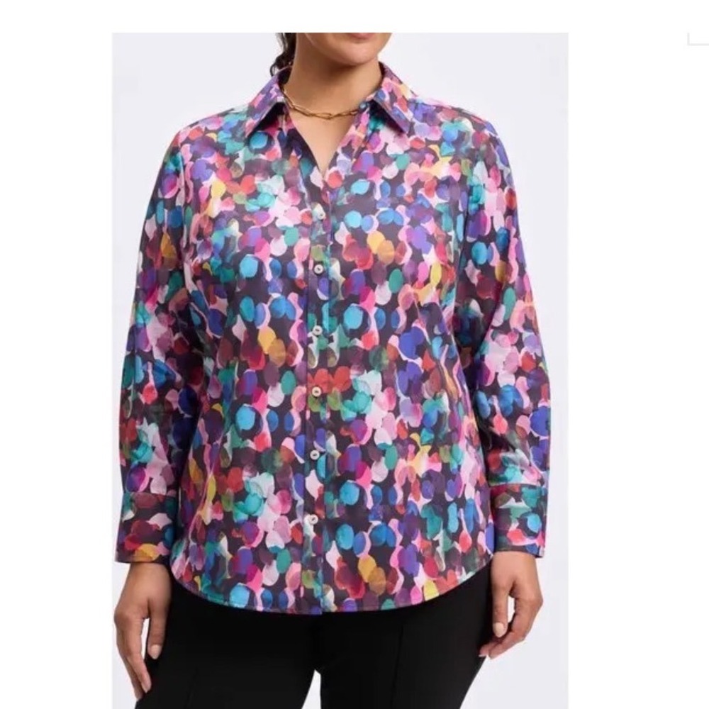 Foxcroft Womens 16 Multi Color Abstract Polka Dot Cotton Button Down Shirt